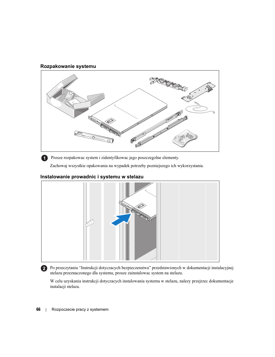 Rozpakowanie systemu, Instalowanie prowadnic i systemu w stelazu | Dell POWEREDGE 1950 User Manual | Page 68 / 110