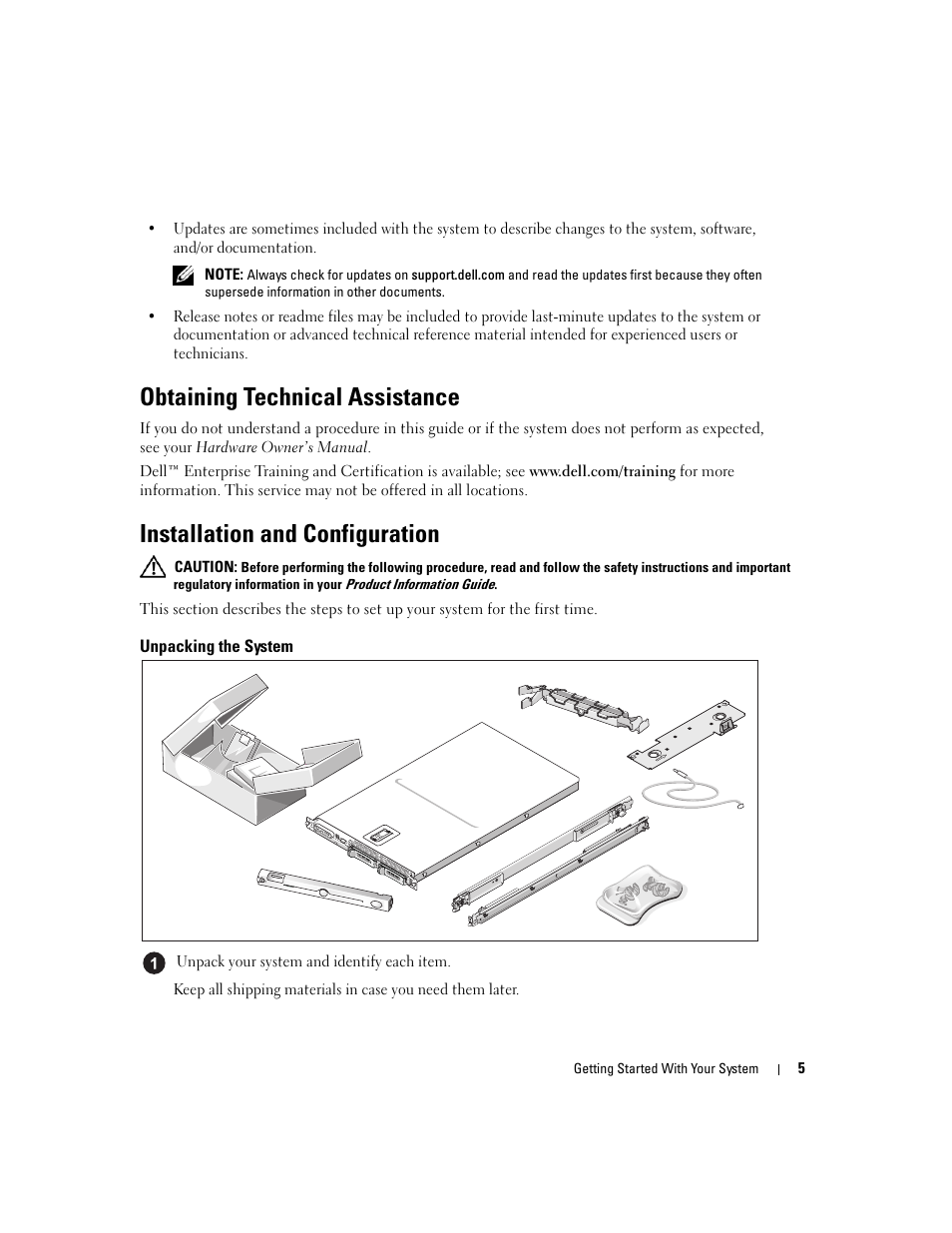 Obtaining technical assistance, Installation and configuration, Unpacking the system | Dell POWEREDGE 1950 User Manual | Page 7 / 110