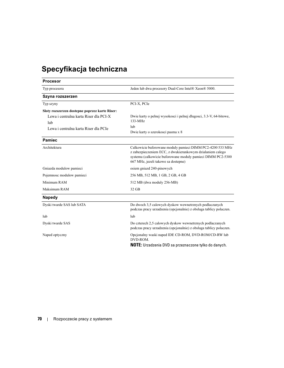 Specyfikacja techniczna | Dell POWEREDGE 1950 User Manual | Page 72 / 110