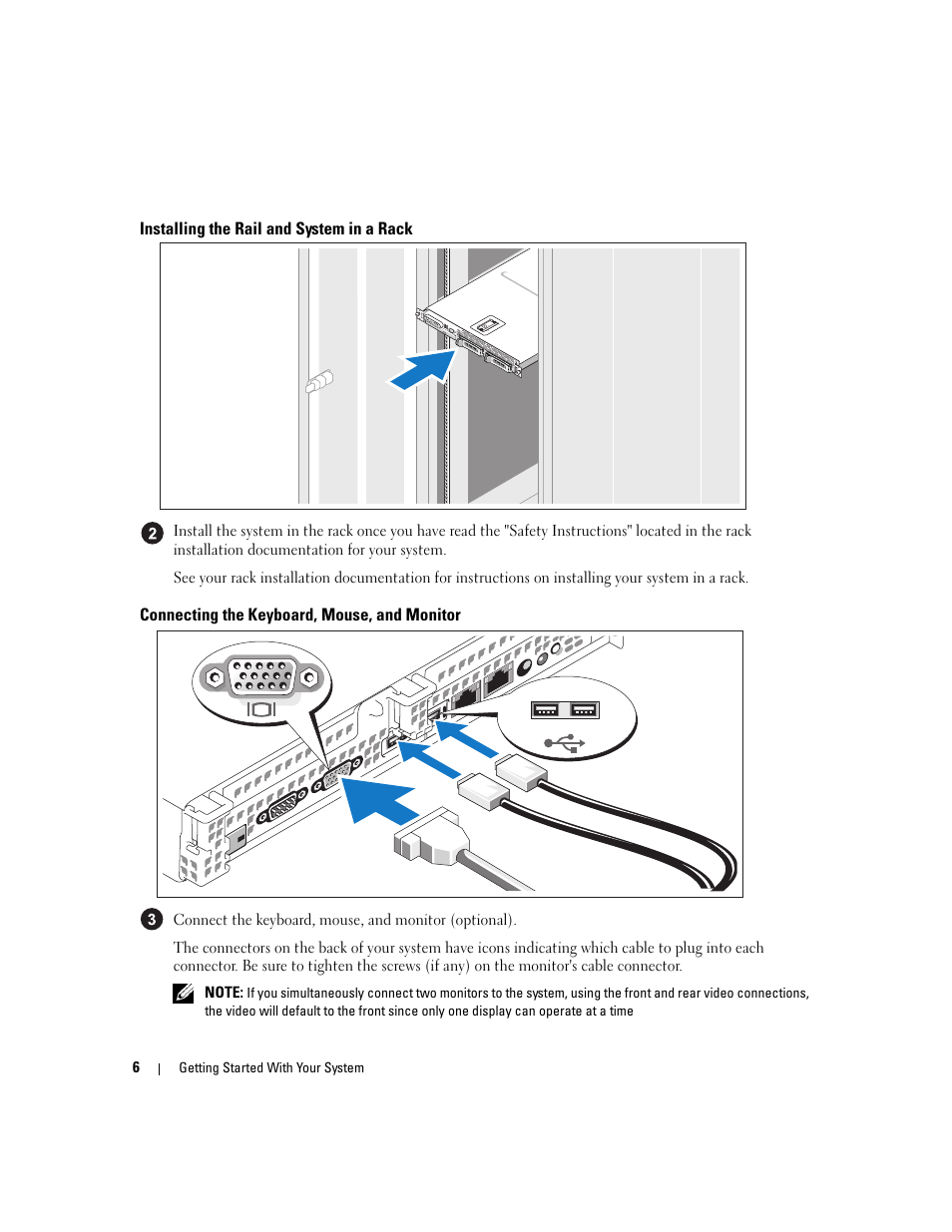 Installing the rail and system in a rack, Connecting the keyboard, mouse, and monitor | Dell POWEREDGE 1950 User Manual | Page 8 / 110