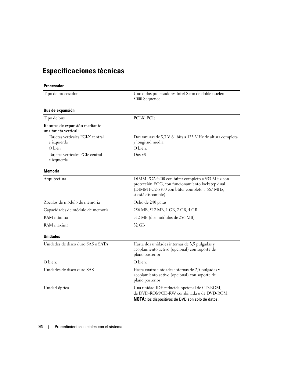 Especificaciones técnicas | Dell POWEREDGE 1950 User Manual | Page 96 / 110