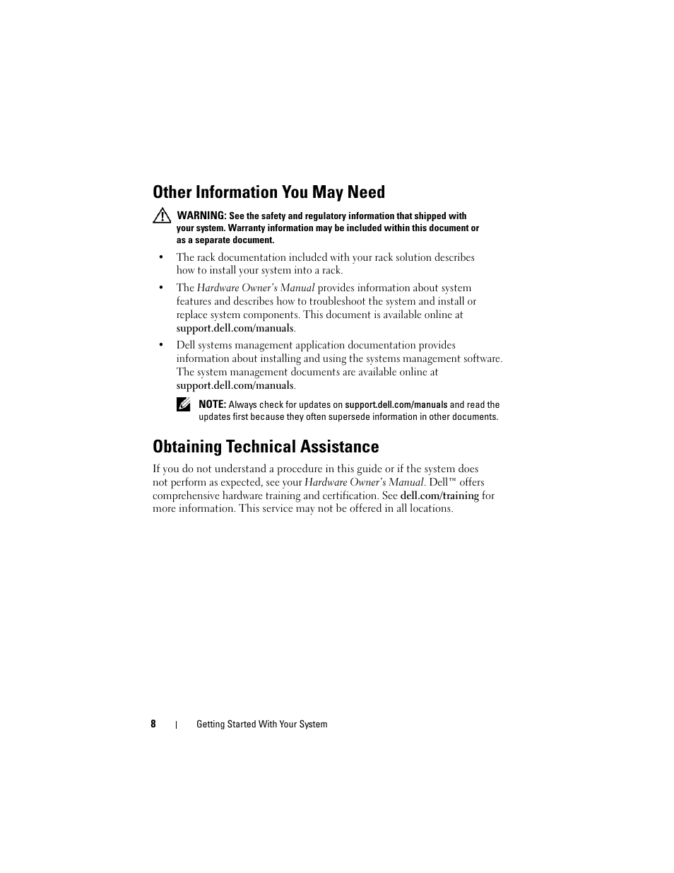 Other information you may need, Obtaining technical assistance | Dell PowerEdge R715 User Manual | Page 10 / 134