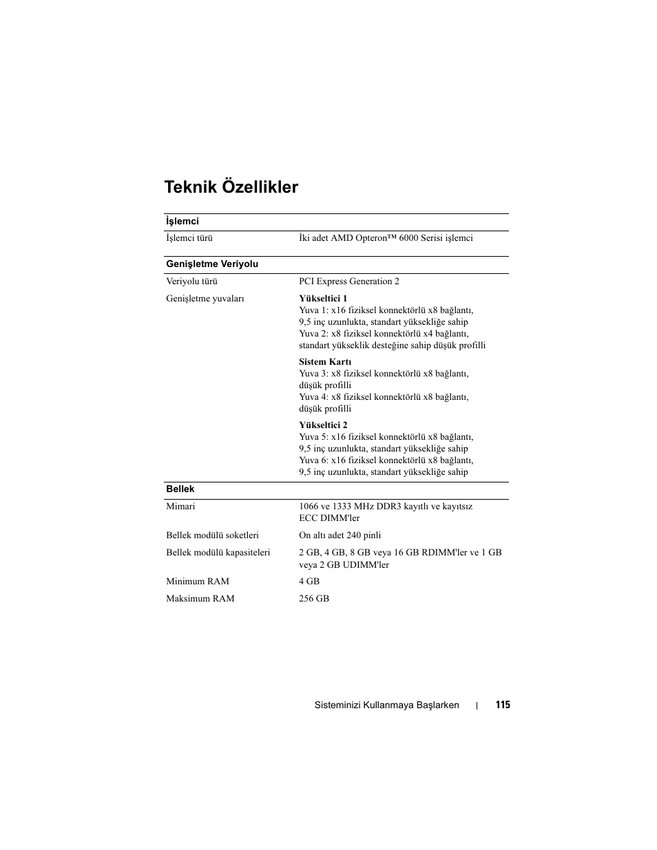 Teknik özellikler | Dell PowerEdge R715 User Manual | Page 117 / 134