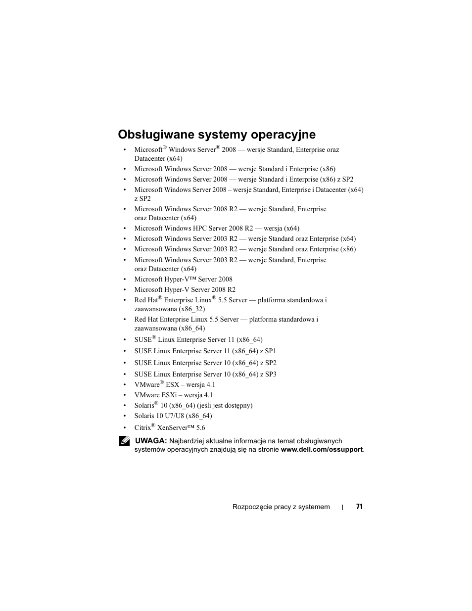 Obsługiwane systemy operacyjne | Dell PowerEdge R715 User Manual | Page 73 / 134