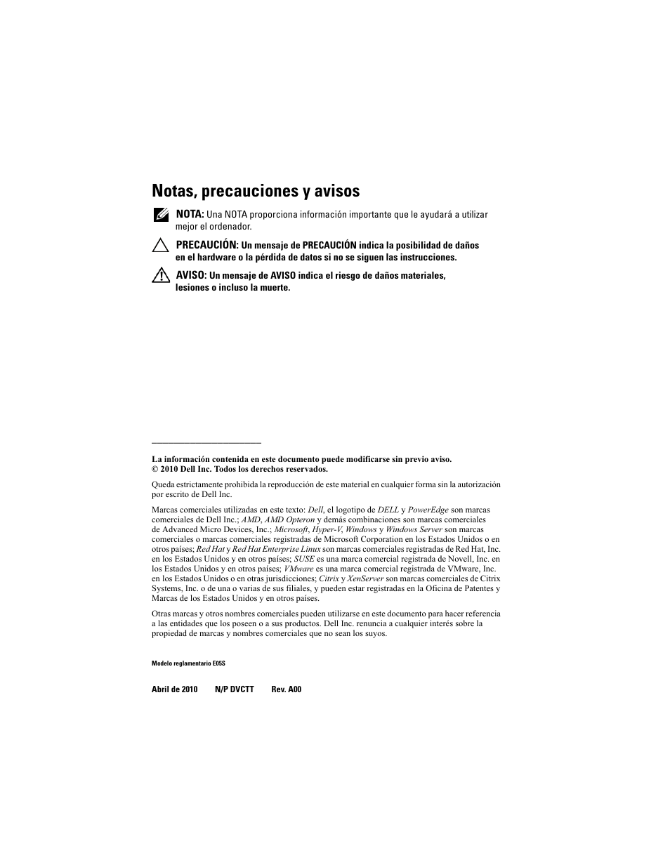 Notas, precauciones y avisos | Dell PowerEdge R715 User Manual | Page 96 / 134