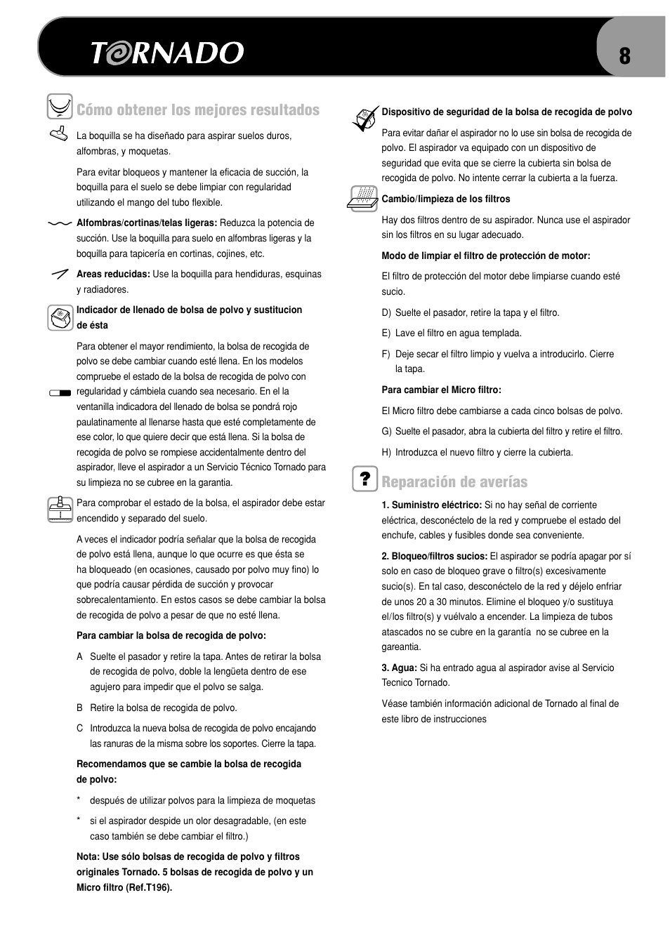 Cómo obtener los mejores resultados, Reparación de averías | TORNADO TO 1060 User Manual | Page 13 / 24