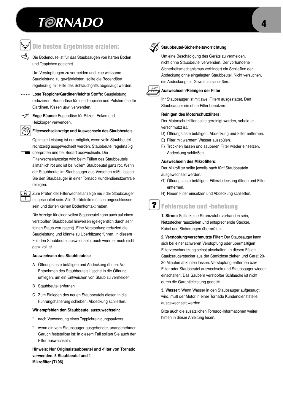 Die besten ergebnisse erzielen, Fehlersuche und -behebung | TORNADO TO 1060 User Manual | Page 9 / 24
