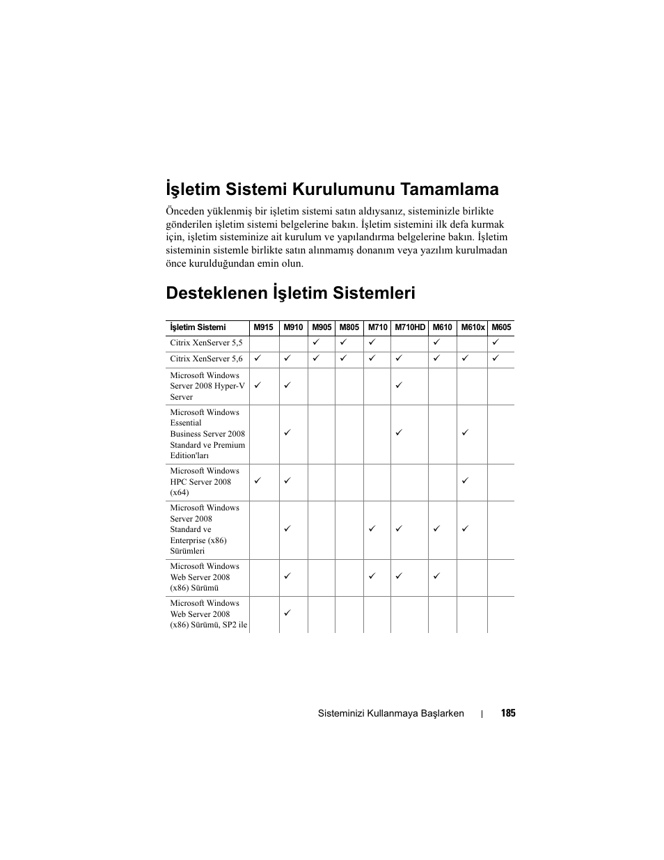 Işletim sistemi kurulumunu tamamlama, Desteklenen işletim sistemleri | Dell POWEREDGE M915 User Manual | Page 187 / 224