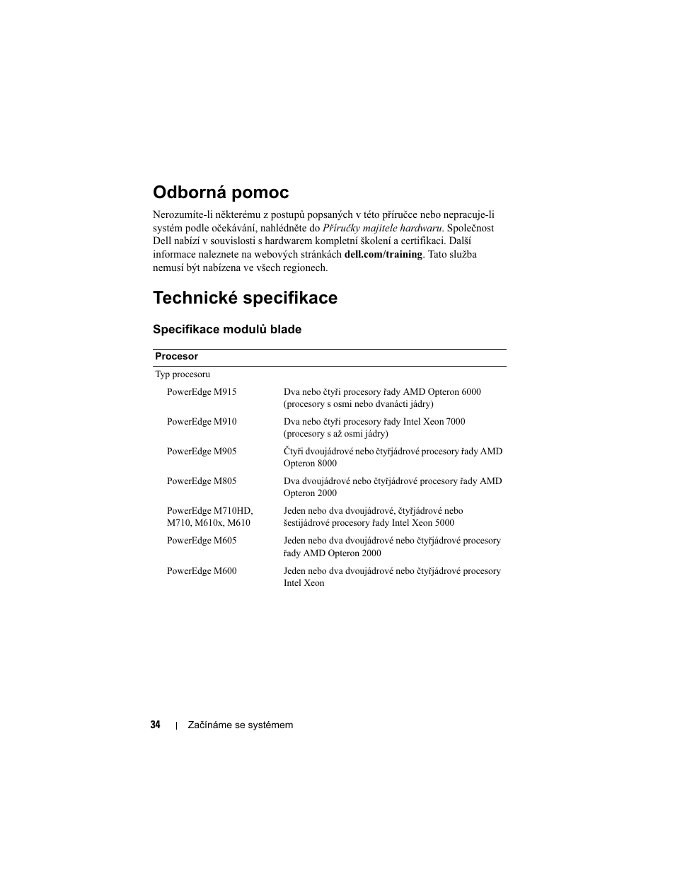 Odborná pomoc, Technické specifikace | Dell POWEREDGE M915 User Manual | Page 36 / 224
