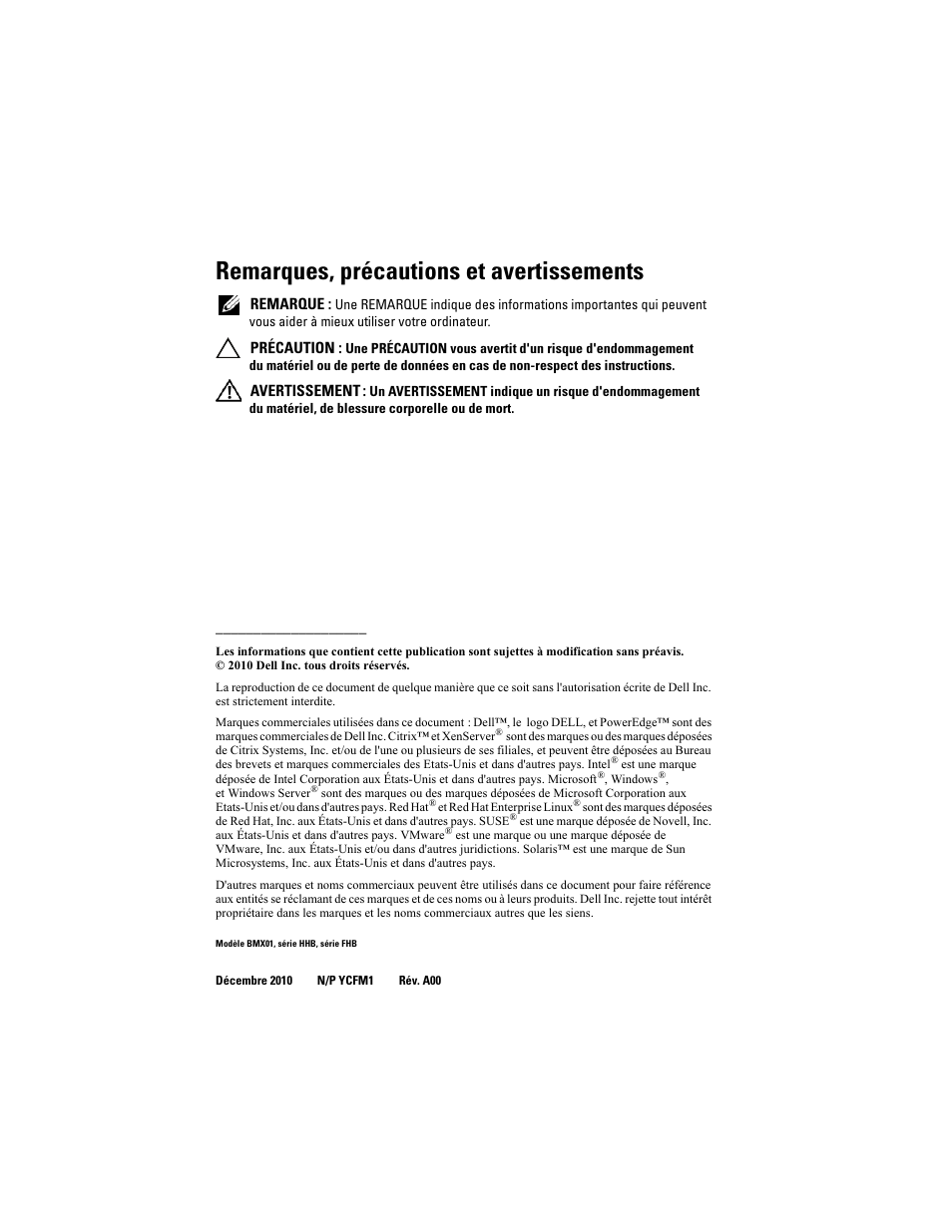 Remarques, précautions et avertissements | Dell POWEREDGE M915 User Manual | Page 48 / 224