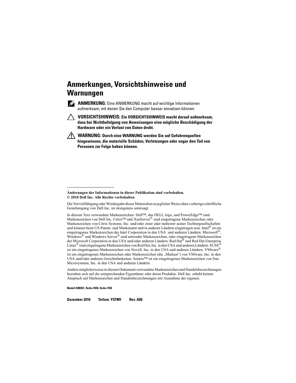 Anmerkungen, vorsichtshinweise und warnungen | Dell POWEREDGE M915 User Manual | Page 70 / 224