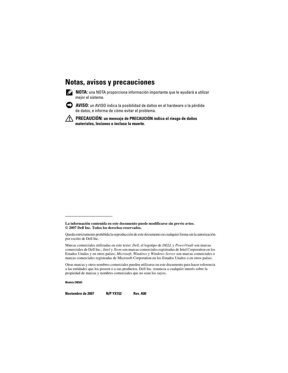 Notas, avisos y precauciones | Dell PowerVault DP500 User Manual | Page 120 / 152