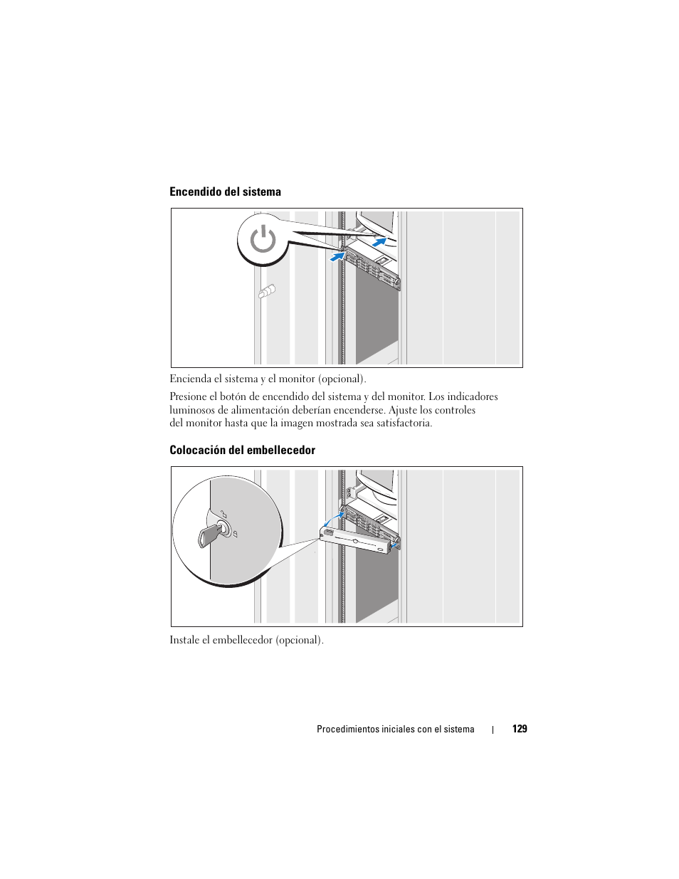 Encendido del sistema, Colocación del embellecedor | Dell PowerVault DP500 User Manual | Page 131 / 152