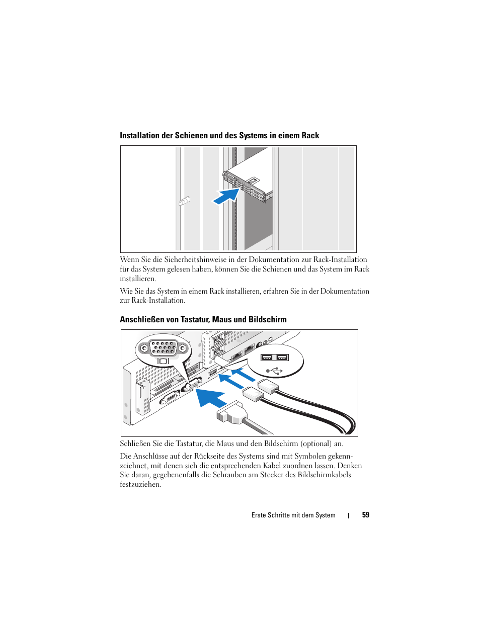 Anschließen von tastatur, maus und bildschirm | Dell PowerVault DP500 User Manual | Page 61 / 152