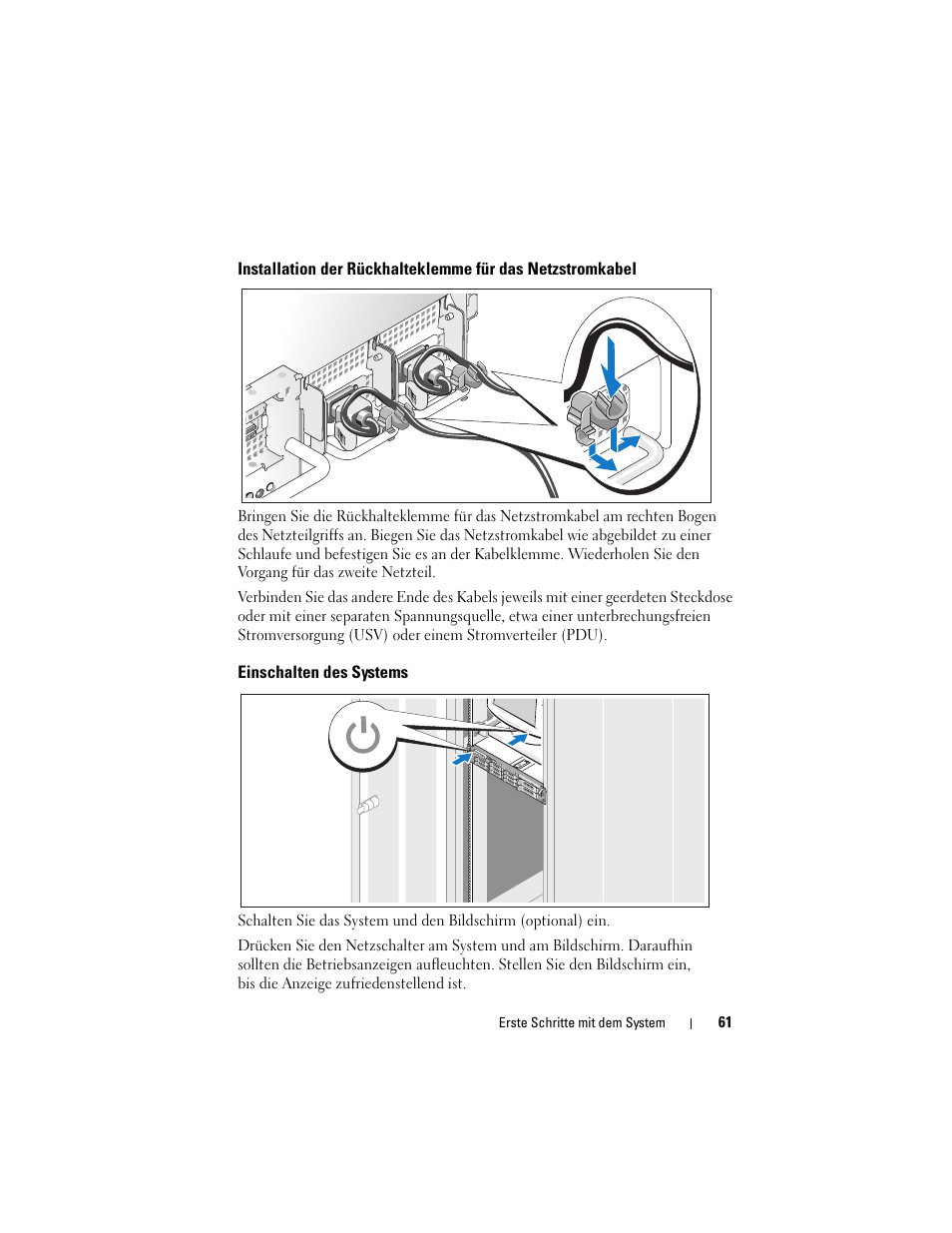 Einschalten des systems | Dell PowerVault DP500 User Manual | Page 63 / 152