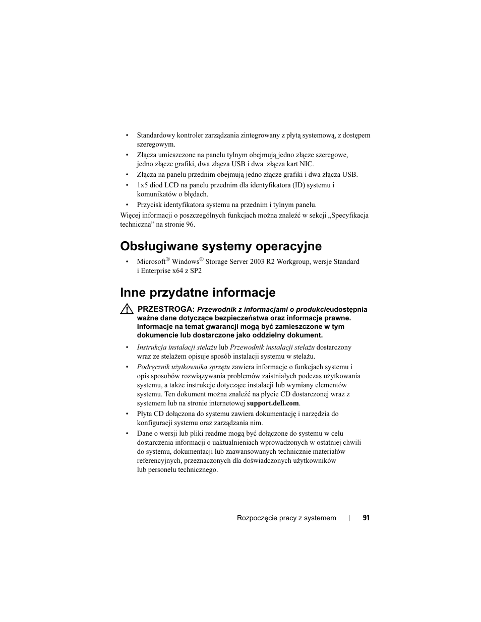 Obsługiwane systemy operacyjne, Inne przydatne informacje | Dell PowerVault DP500 User Manual | Page 93 / 152
