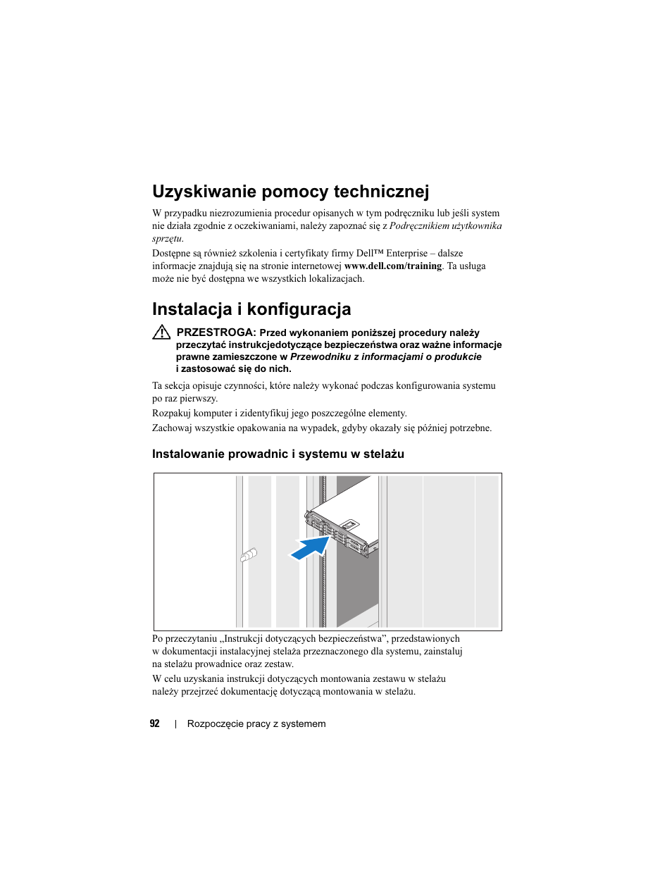 Uzyskiwanie pomocy technicznej, Instalacja i konfiguracja, Instalowanie prowadnic i systemu w stelażu | Dell PowerVault DP500 User Manual | Page 94 / 152