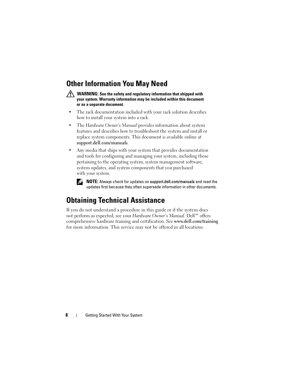 Other information you may need, Obtaining technical assistance | Dell PowerEdge R815 User Manual | Page 10 / 112