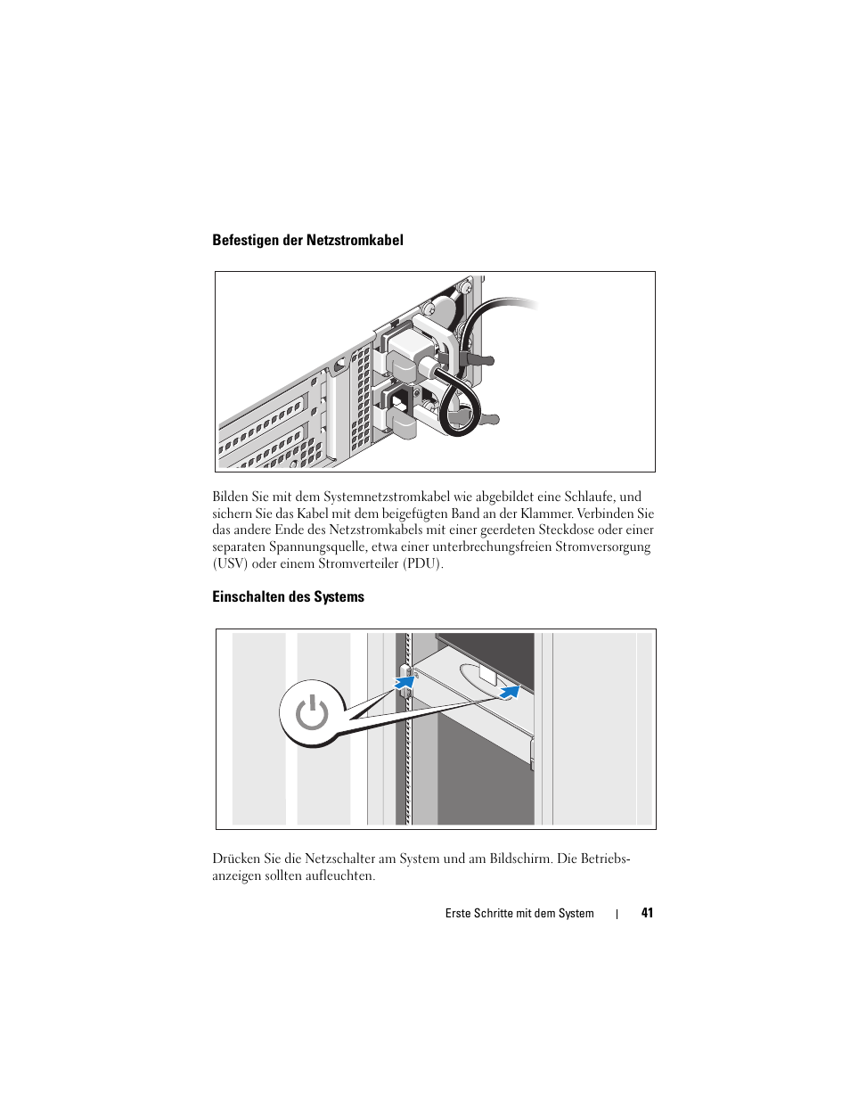 Befestigen der netzstromkabel, Einschalten des systems | Dell PowerEdge R815 User Manual | Page 43 / 112