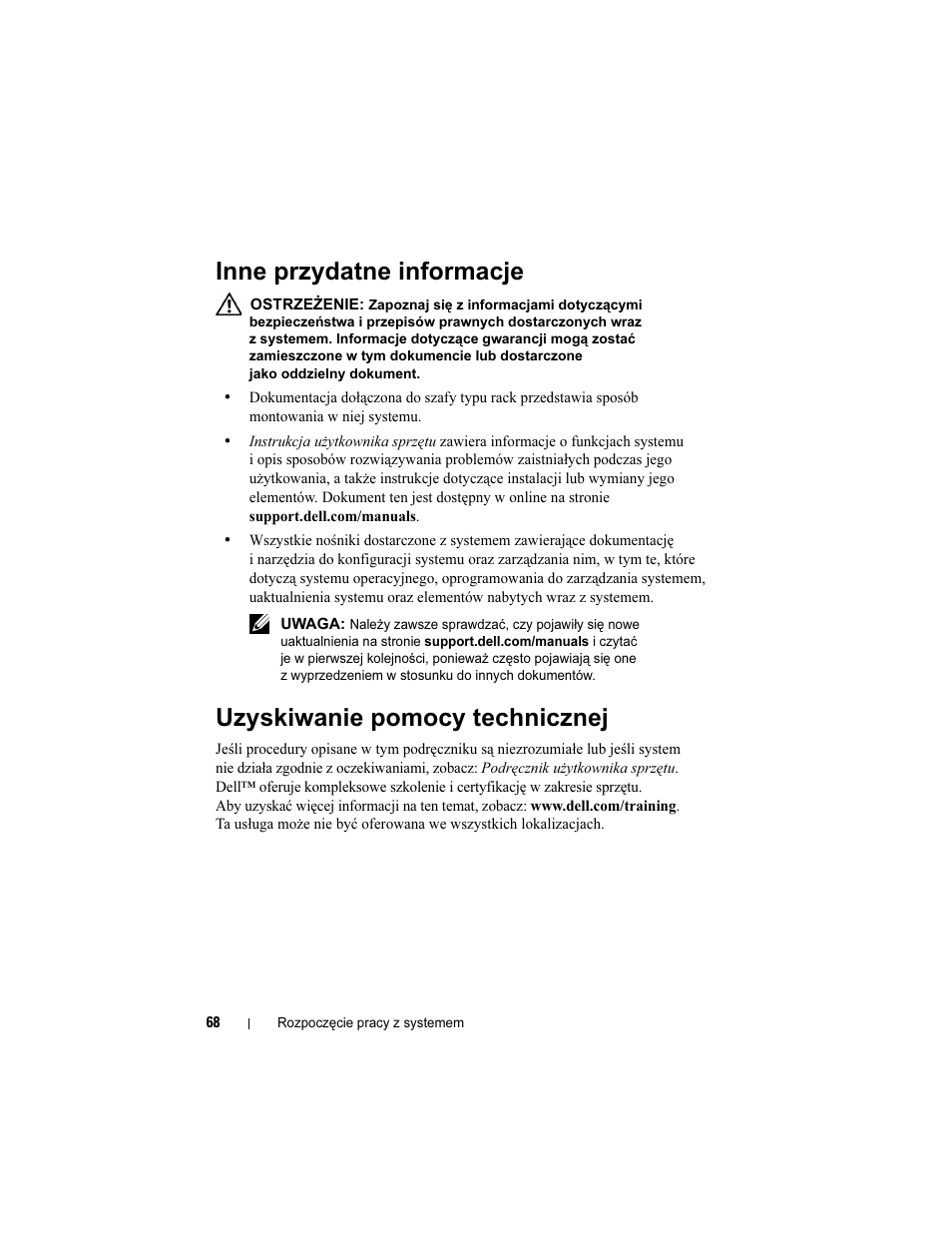 Inne przydatne informacje, Uzyskiwanie pomocy technicznej | Dell PowerEdge R815 User Manual | Page 70 / 112