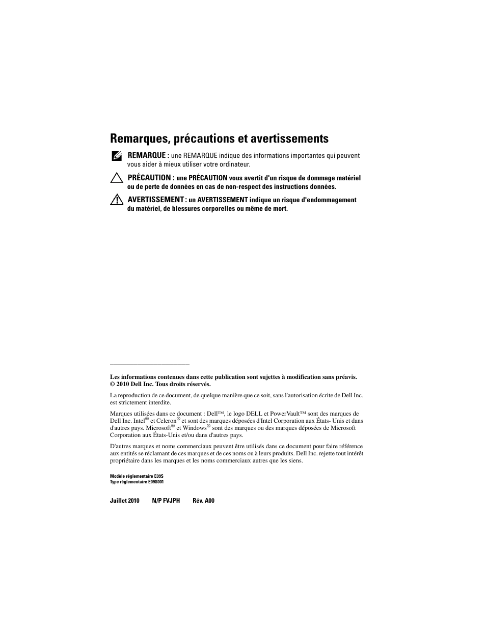Remarques, précautions et avertissements | Dell PowerVault NX200 User Manual | Page 24 / 110