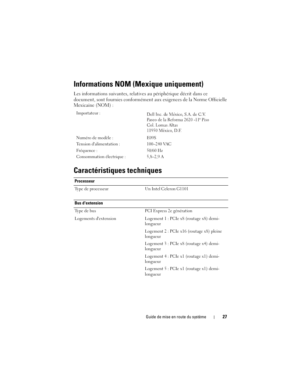 Informations nom (mexique uniquement), Caractéristiques techniques | Dell PowerVault NX200 User Manual | Page 29 / 110