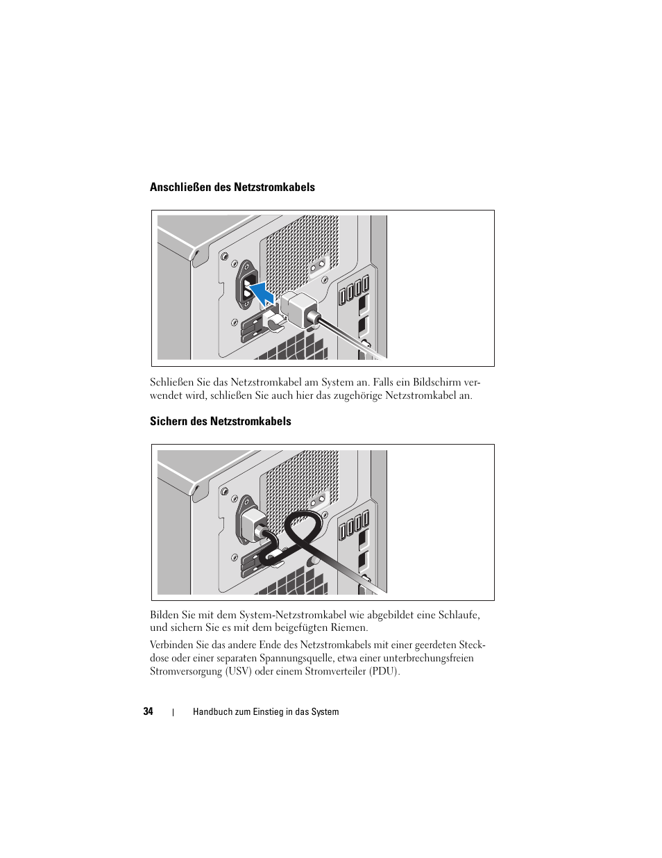 Anschließen des netzstromkabels, Sichern des netzstromkabels | Dell PowerVault NX200 User Manual | Page 36 / 110
