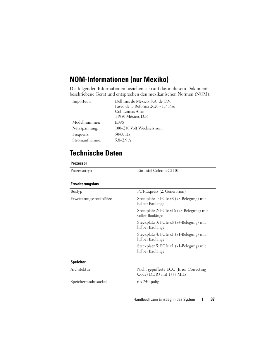 Nom-informationen (nur mexiko), Technische daten | Dell PowerVault NX200 User Manual | Page 39 / 110