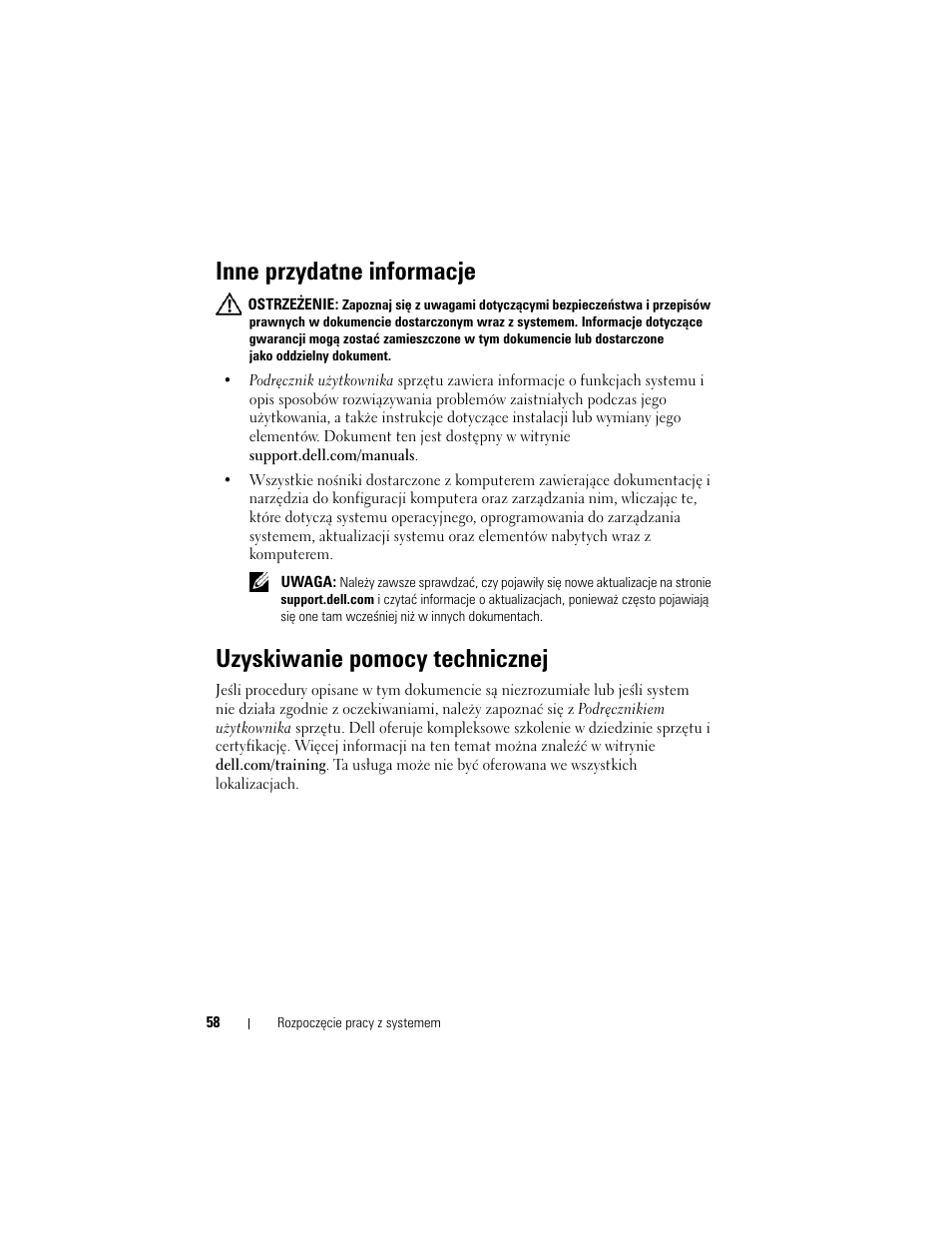 Inne przydatne informacje, Uzyskiwanie pomocy technicznej | Dell PowerVault NX200 User Manual | Page 60 / 110