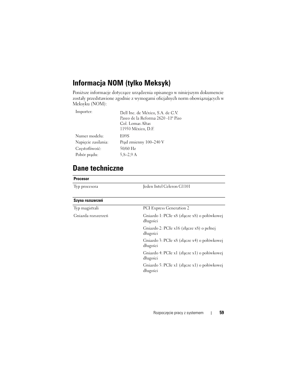 Informacja nom (tylko meksyk), Dane techniczne | Dell PowerVault NX200 User Manual | Page 61 / 110
