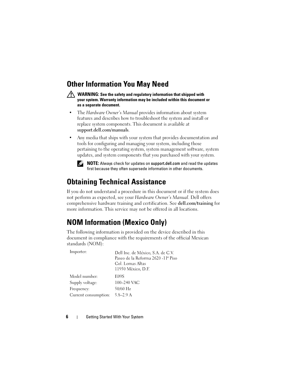 Other information you may need, Obtaining technical assistance, Nom information (mexico only) | Dell PowerVault NX200 User Manual | Page 8 / 110