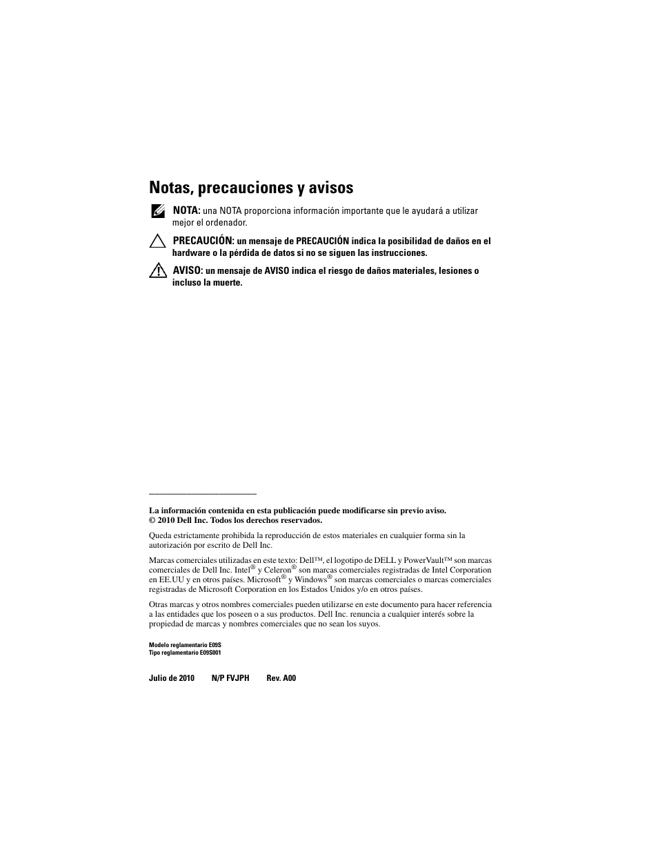 Notas, precauciones y avisos | Dell PowerVault NX200 User Manual | Page 80 / 110