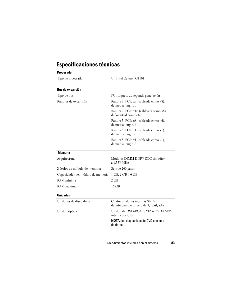 Especificaciones técnicas | Dell PowerVault NX200 User Manual | Page 85 / 110