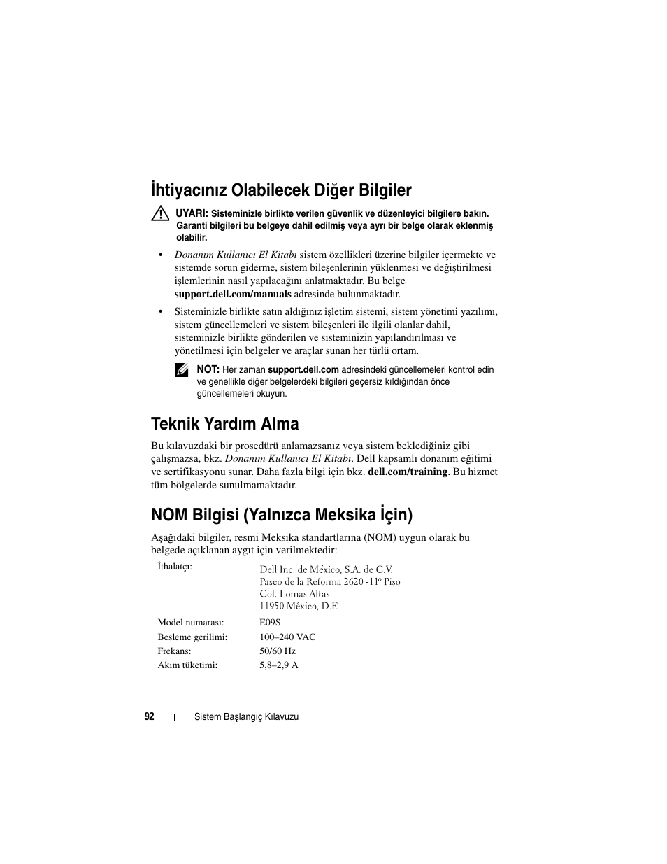 Ihtiyacınız olabilecek diğer bilgiler, Teknik yardım alma, Nom bilgisi (yalnızca meksika için) | I htiyacınız olabilecek di ğ er bilgiler, Nom bilgisi (yalnızca meksika i çin) | Dell PowerVault NX200 User Manual | Page 94 / 110