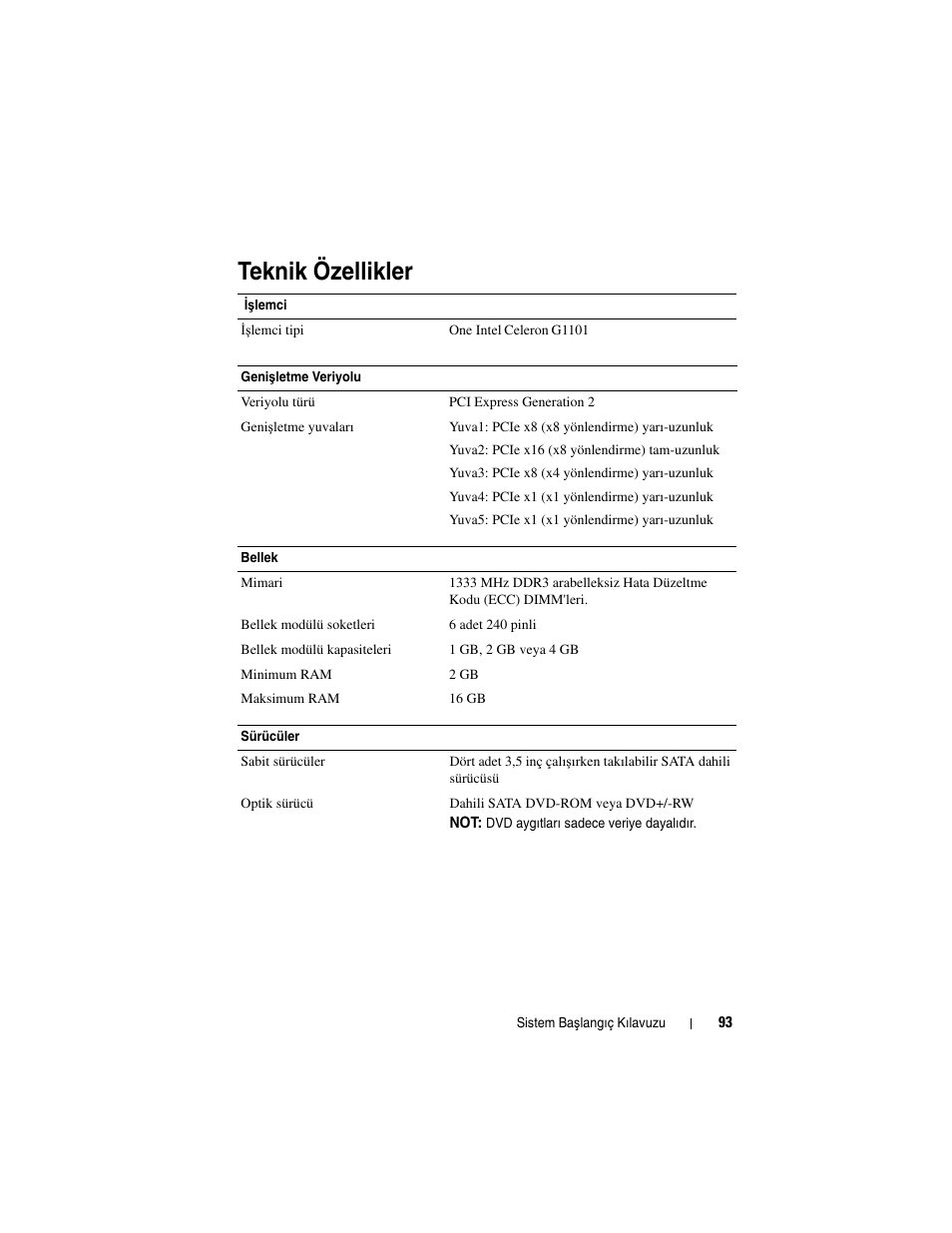 Teknik özellikler | Dell PowerVault NX200 User Manual | Page 95 / 110