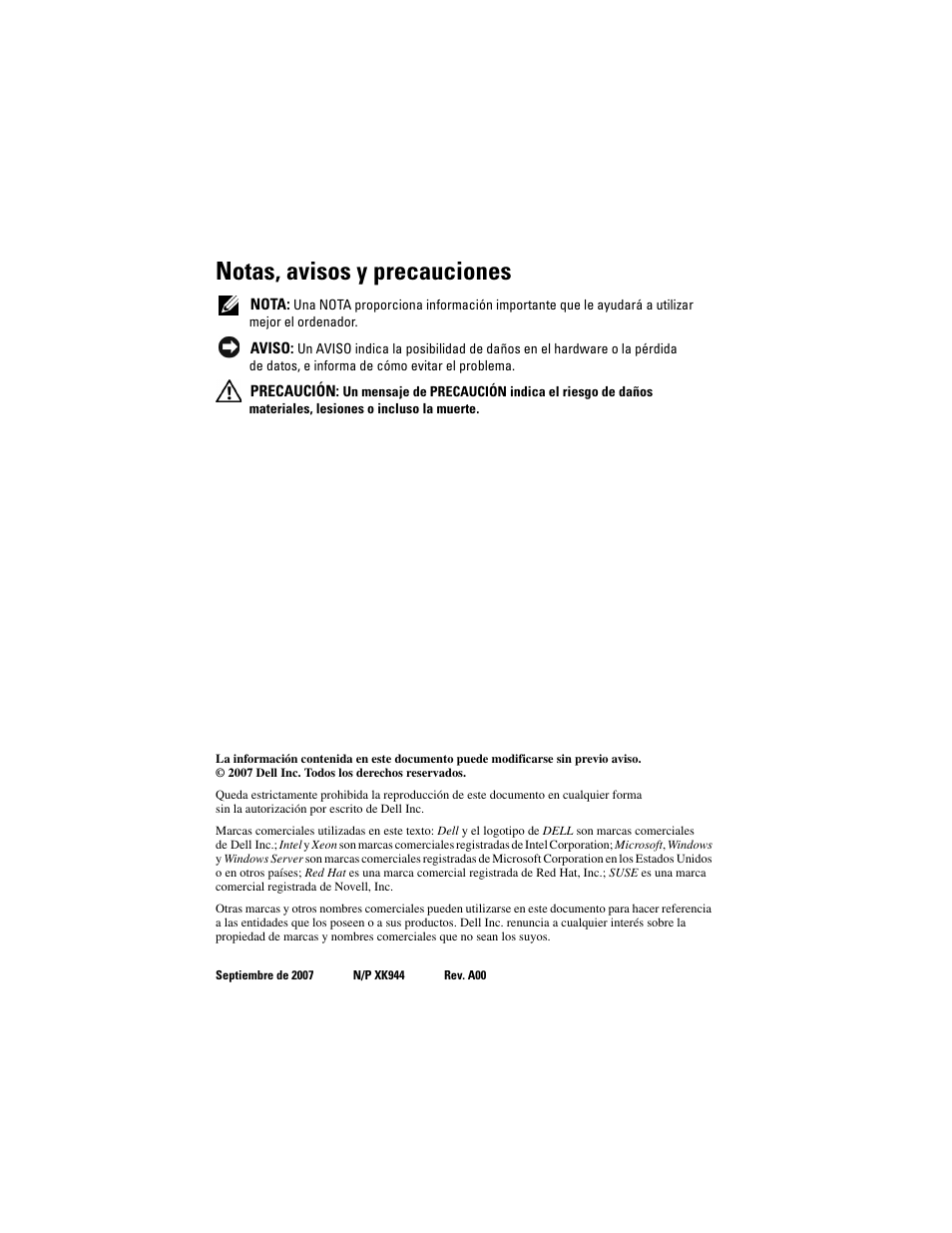 Notas, avisos y precauciones | Dell PowerEdge R900 User Manual | Page 112 / 140