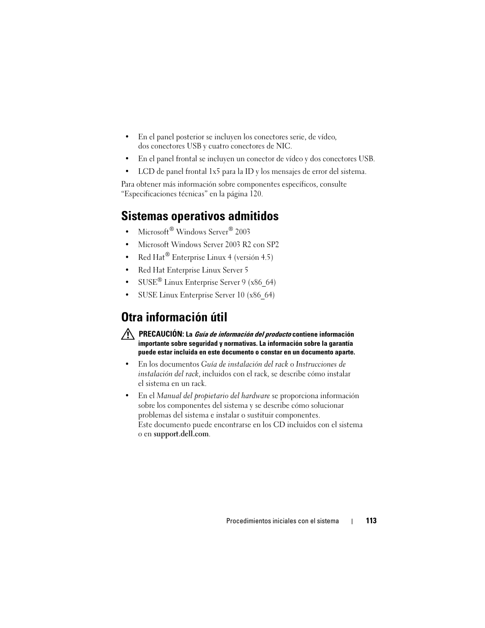 Sistemas operativos admitidos, Otra información útil | Dell PowerEdge R900 User Manual | Page 115 / 140