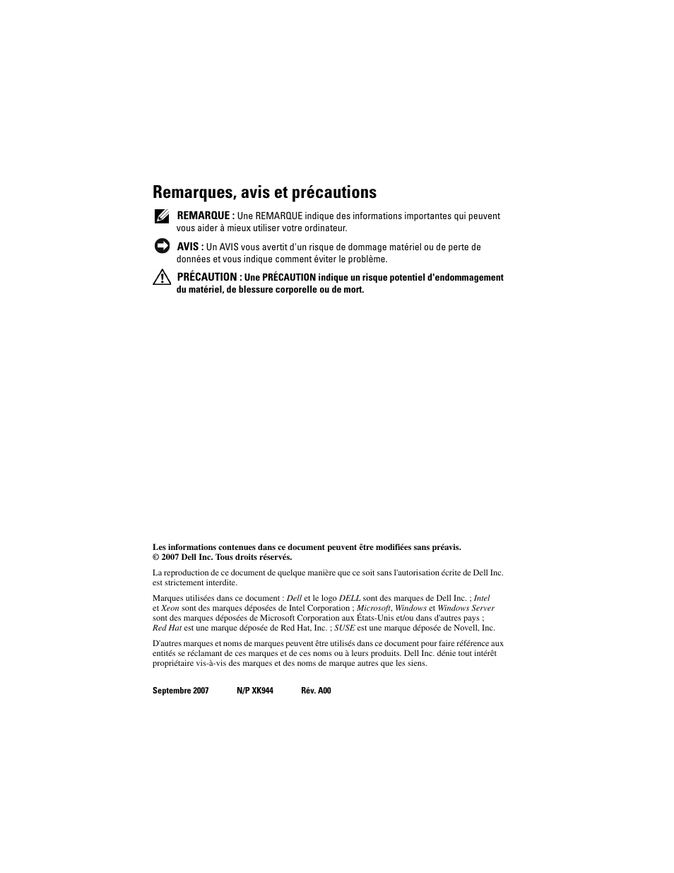 Remarques, avis et précautions | Dell PowerEdge R900 User Manual | Page 32 / 140
