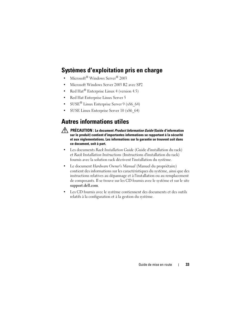 Systèmes d'exploitation pris en charge, Autres informations utiles | Dell PowerEdge R900 User Manual | Page 35 / 140