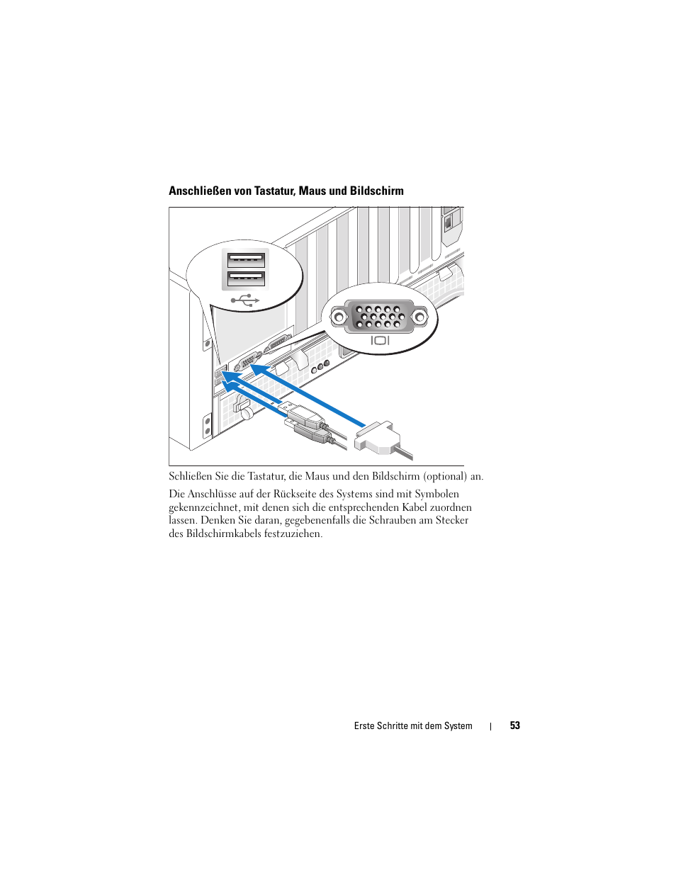 Anschließen von tastatur, maus und bildschirm | Dell PowerEdge R900 User Manual | Page 55 / 140