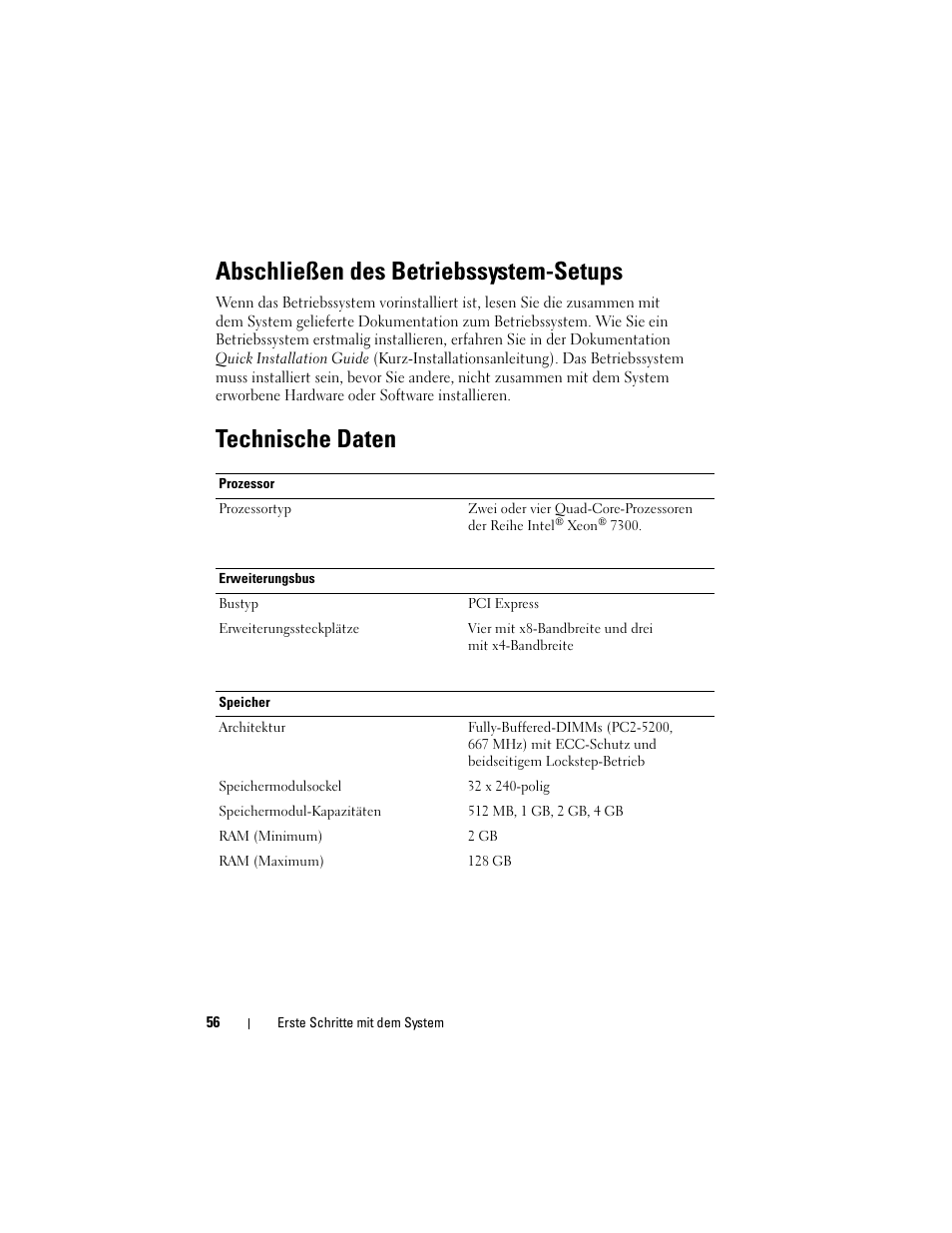 Abschließen des betriebssystem-setups, Technische daten | Dell PowerEdge R900 User Manual | Page 58 / 140