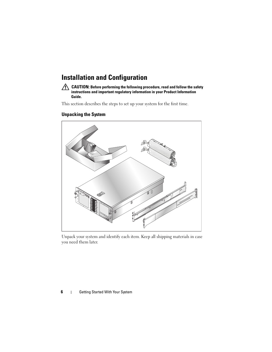 Installation and configuration, Unpacking the system | Dell PowerEdge R900 User Manual | Page 8 / 140