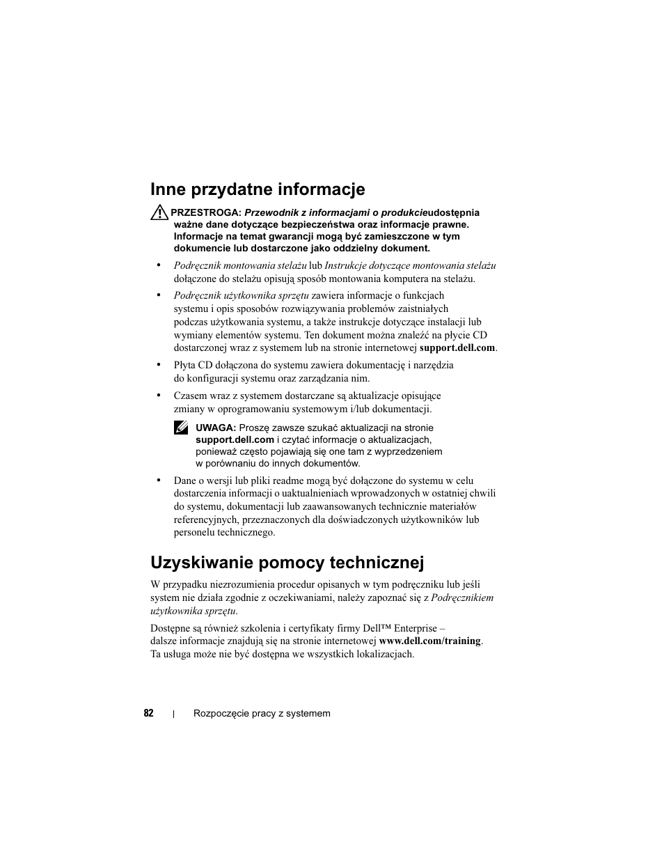 Inne przydatne informacje, Uzyskiwanie pomocy technicznej | Dell PowerEdge R900 User Manual | Page 84 / 140