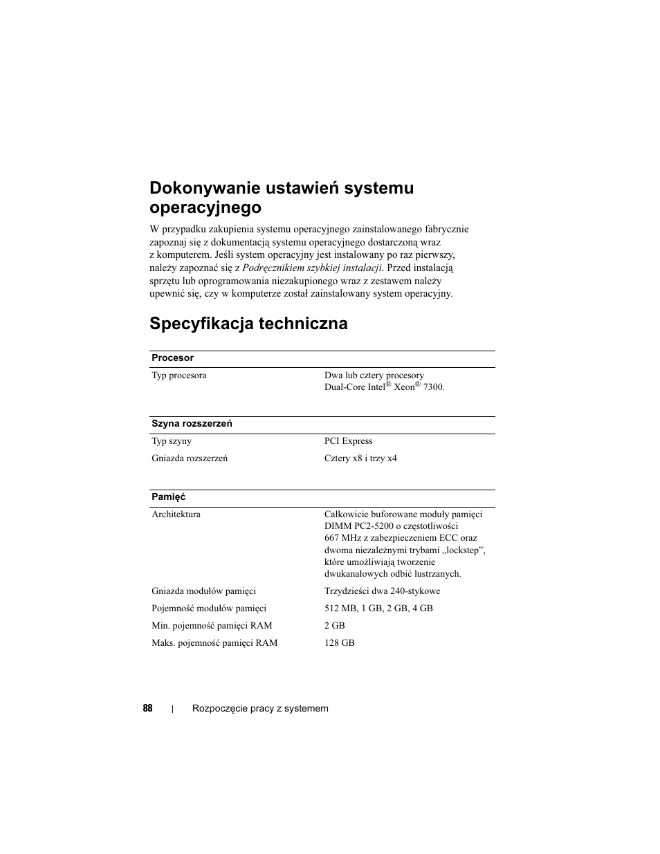 Dokonywanie ustawień systemu operacyjnego, Specyfikacja techniczna | Dell PowerEdge R900 User Manual | Page 90 / 140