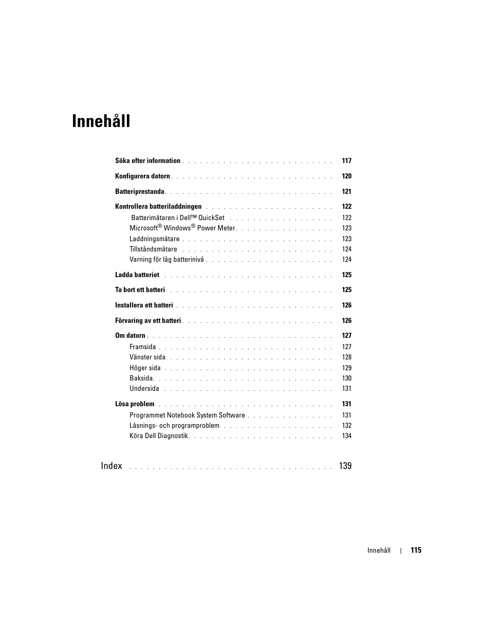 Innehåll, Index | Dell Precision M20 User Manual | Page 115 / 164