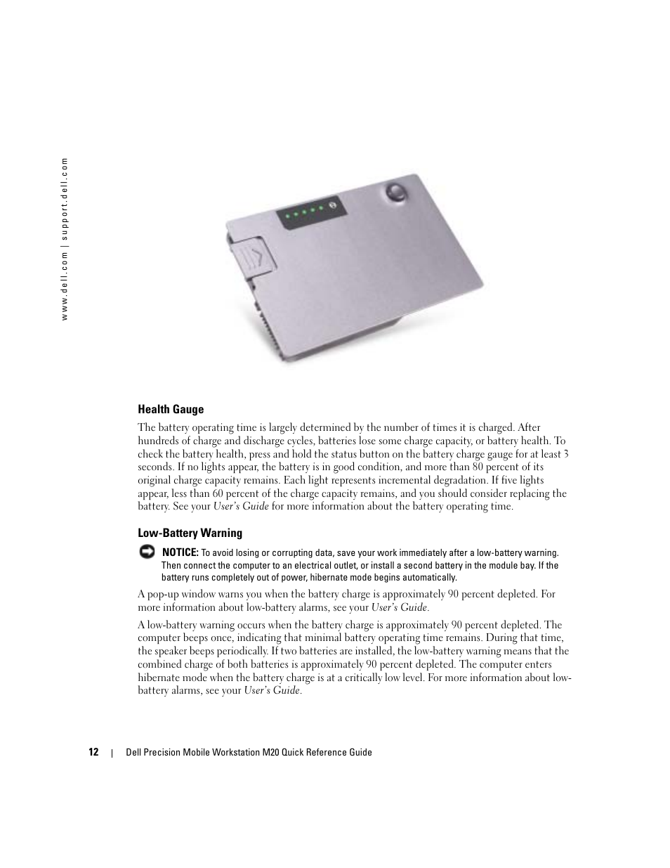 Health gauge, Low-battery warning | Dell Precision M20 User Manual | Page 12 / 164