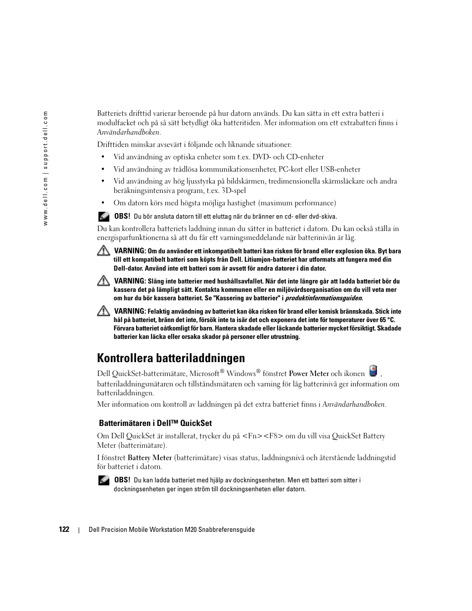 Kontrollera batteriladdningen, Batterimätaren i dell™ quickset | Dell Precision M20 User Manual | Page 122 / 164