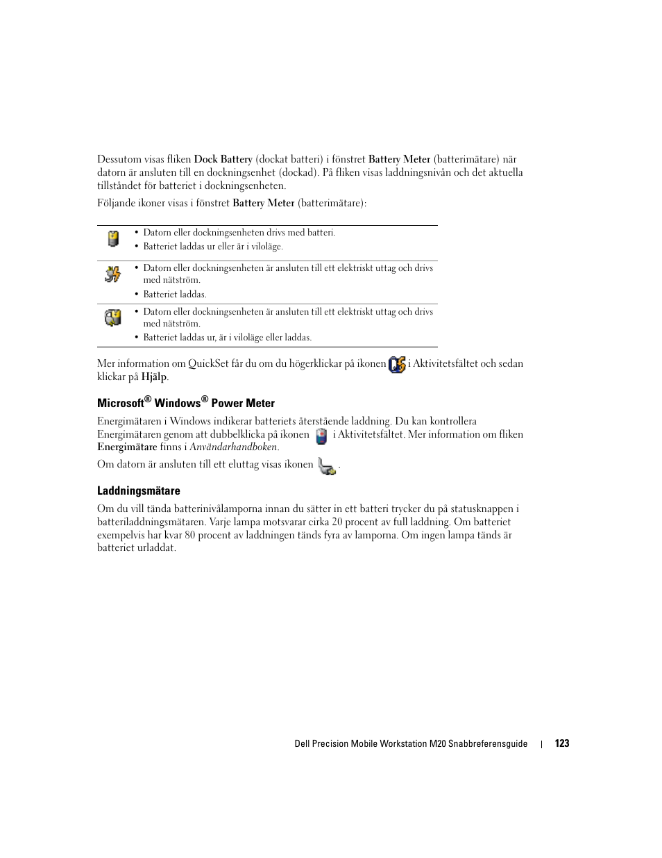 Microsoft® windows® power meter, Laddningsmätare, Microsoft | Dell Precision M20 User Manual | Page 123 / 164