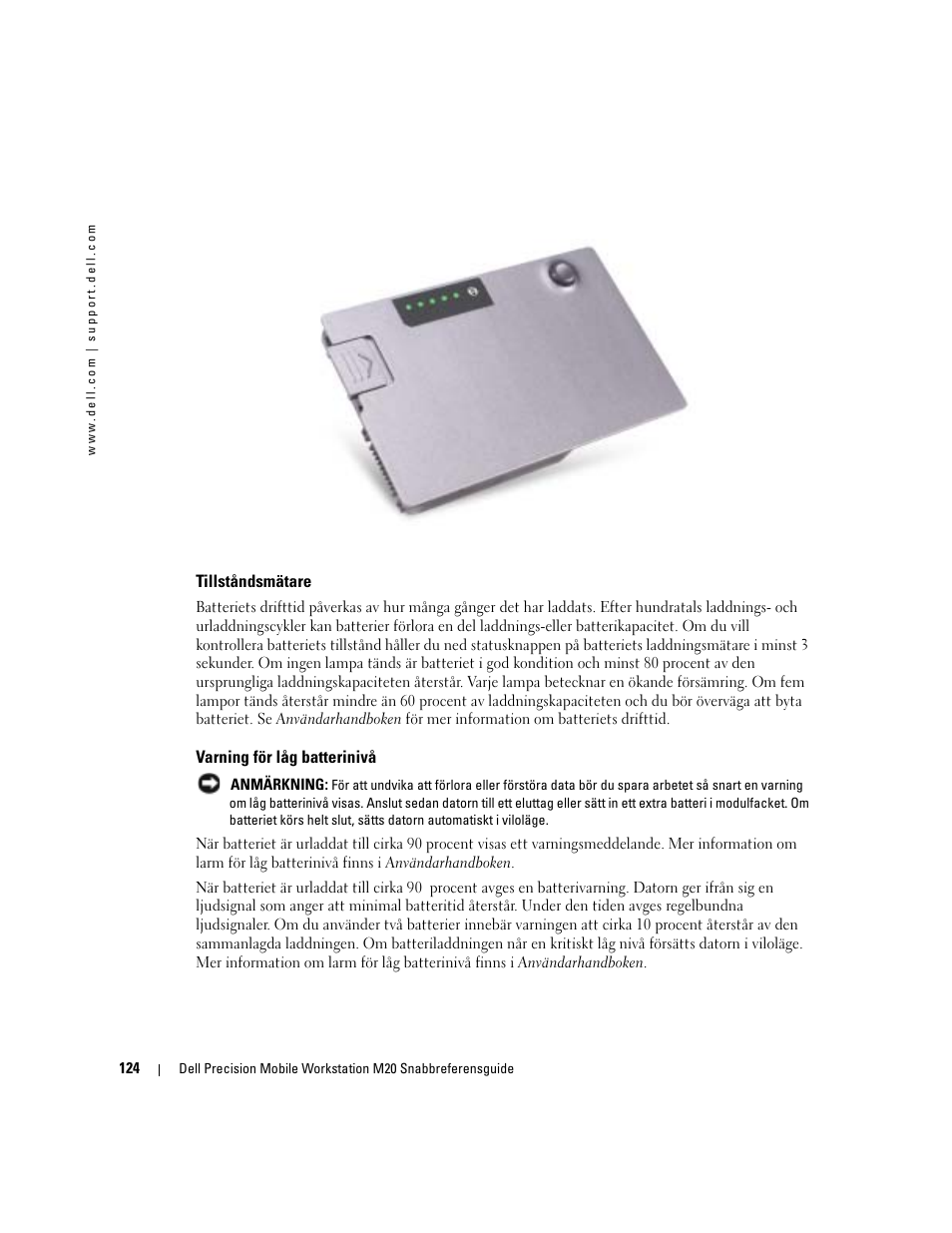 Tillståndsmätare, Varning för låg batterinivå | Dell Precision M20 User Manual | Page 124 / 164