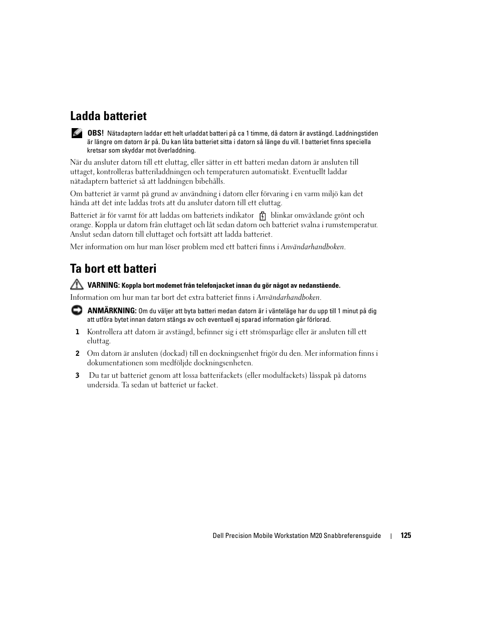 Ladda batteriet, Ta bort ett batteri | Dell Precision M20 User Manual | Page 125 / 164